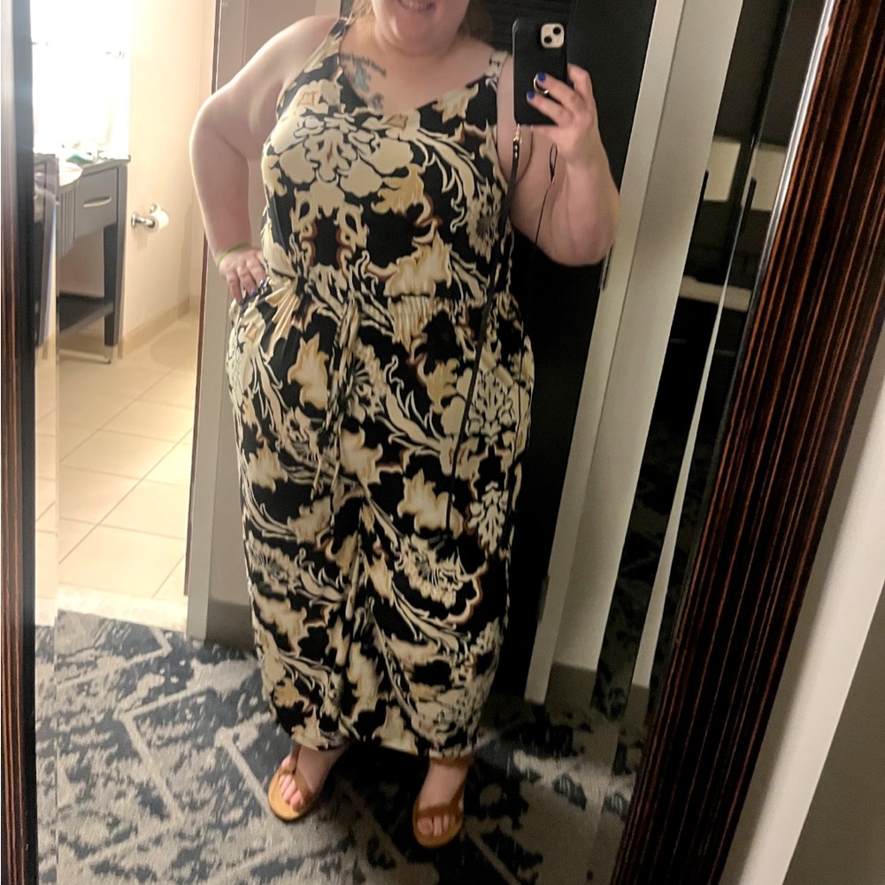 Lane Bryant Black and Cream Floral Drawstring- waist jersey jumpsuit